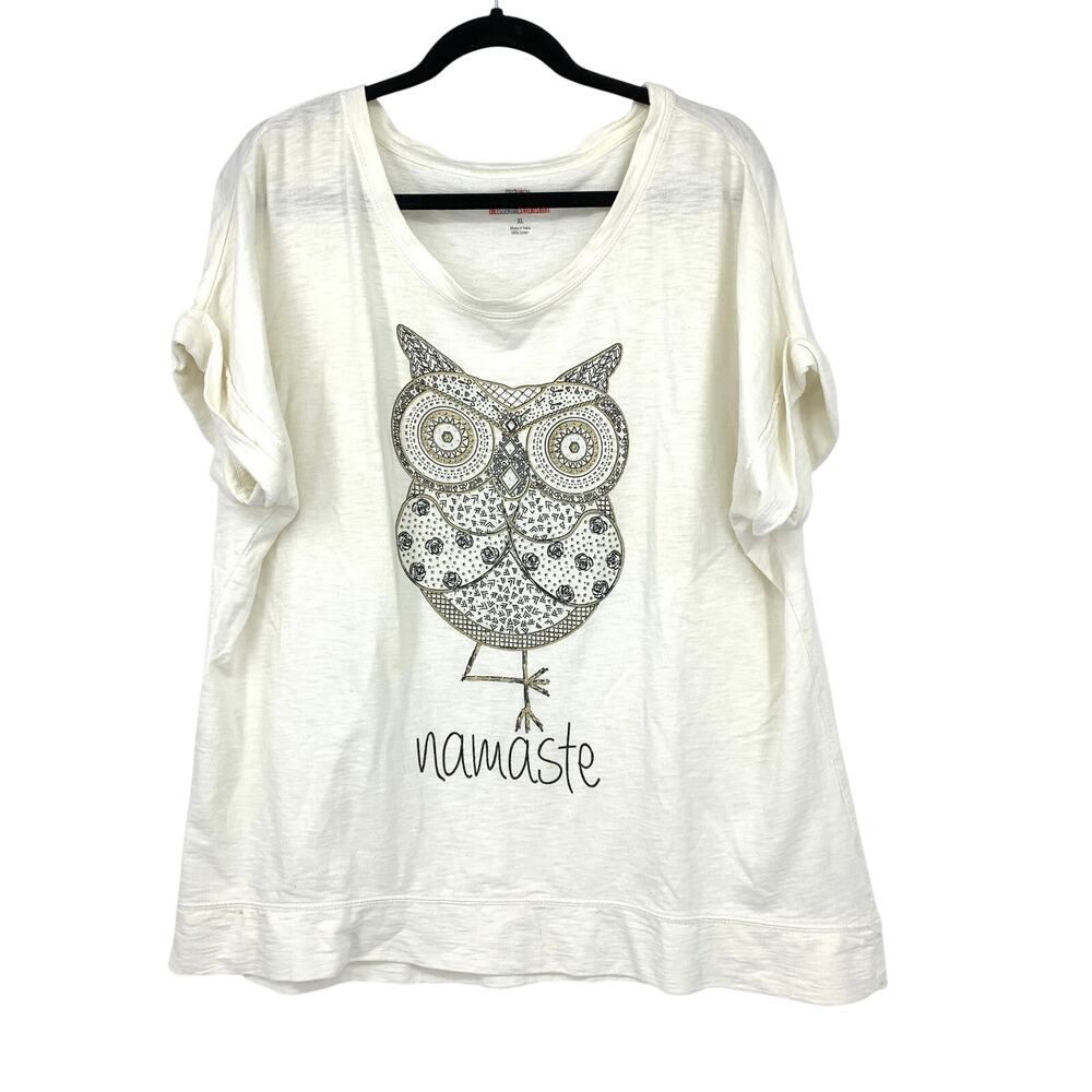 Style&Co Sport The Essential Sweatshirt Sz XL Short Sleeve Cream Owl Namaste